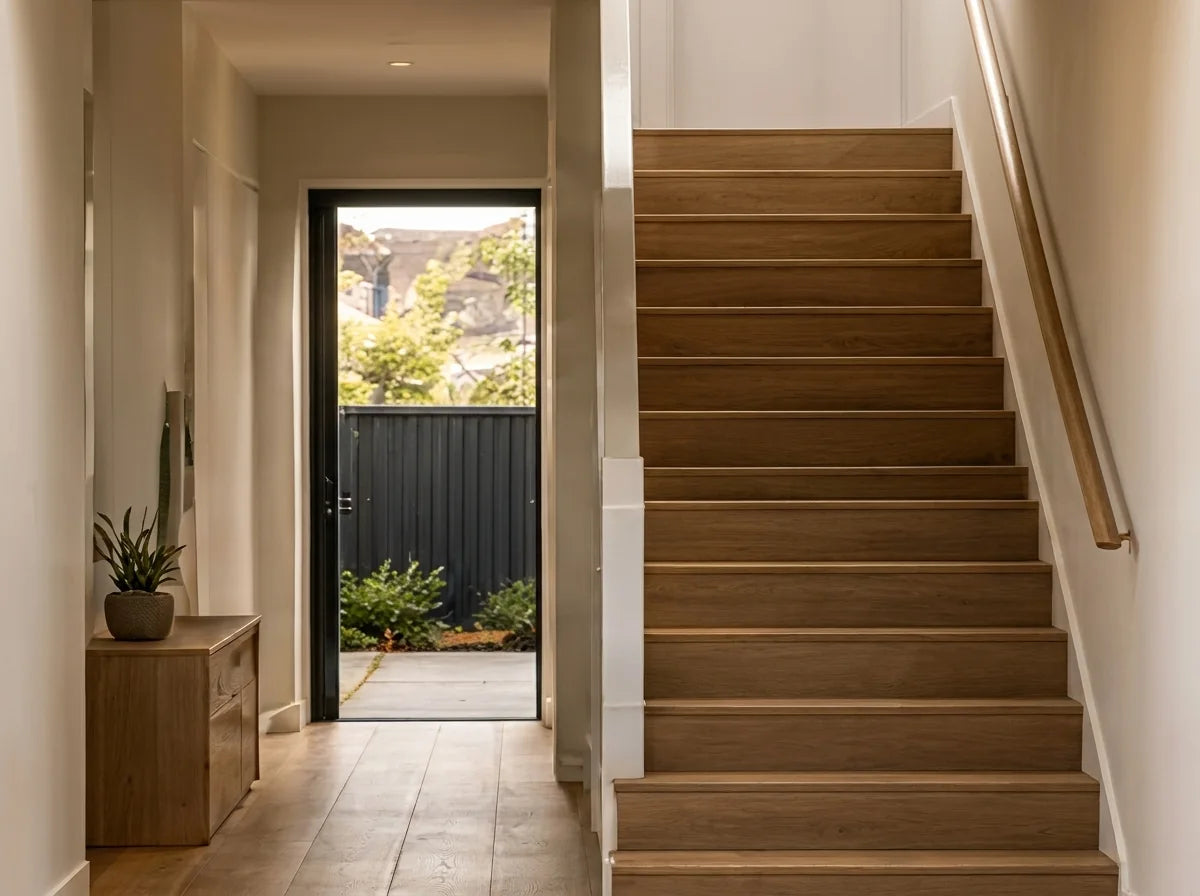 Contemporary timber staircase and hallway with natural light and resolved stair nosing