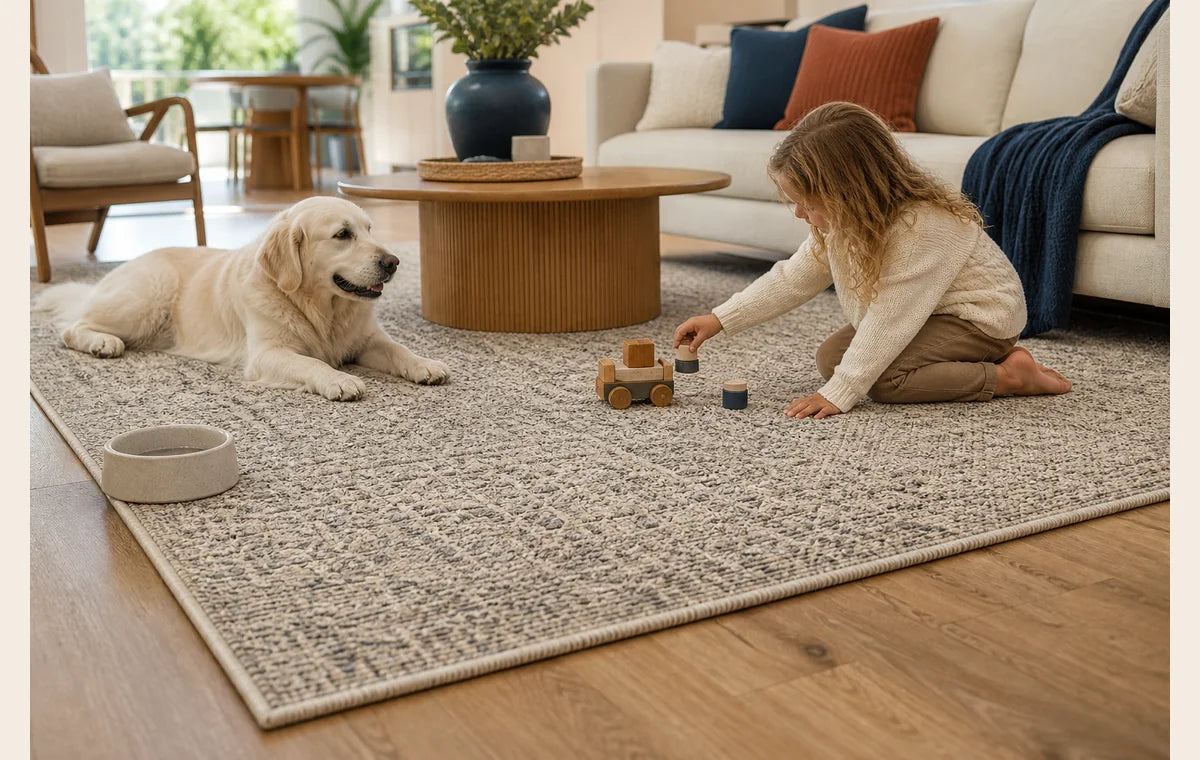 Child and pet using a soft durable rug in a living room