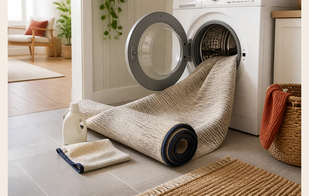 Rug beside a washing machine for care guidance