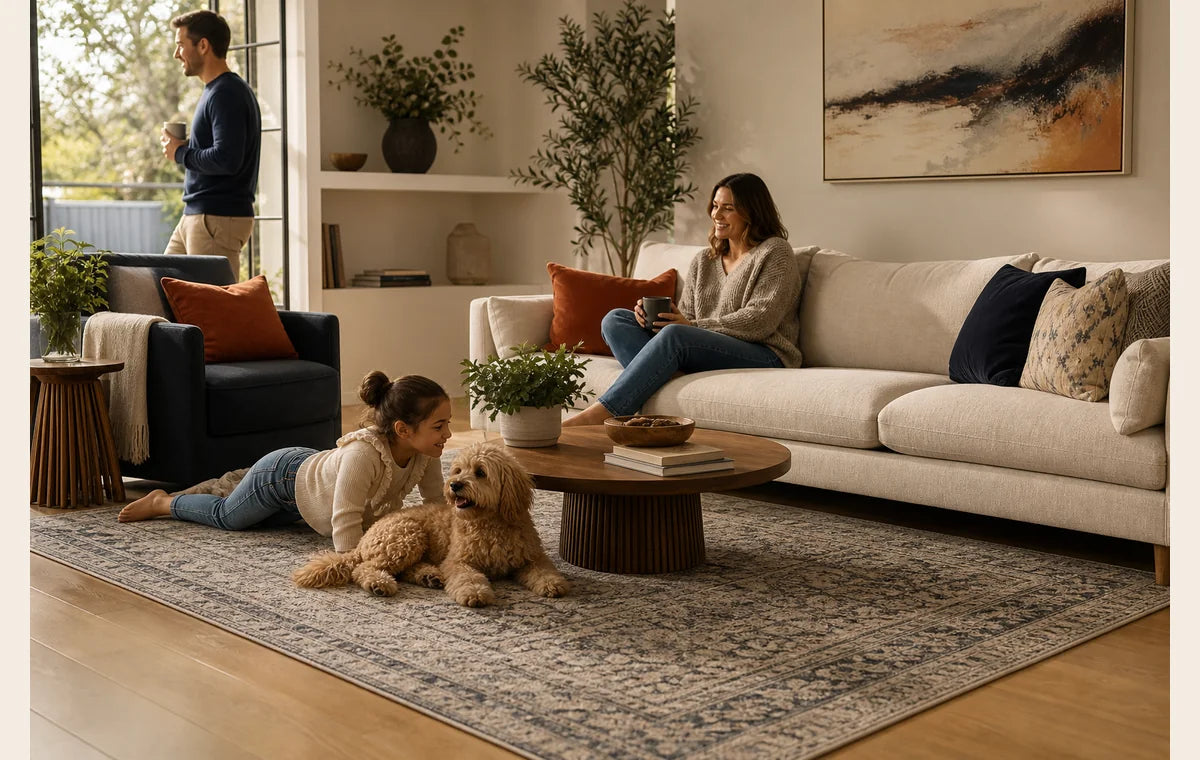 Family living room with a rug anchoring the seating area