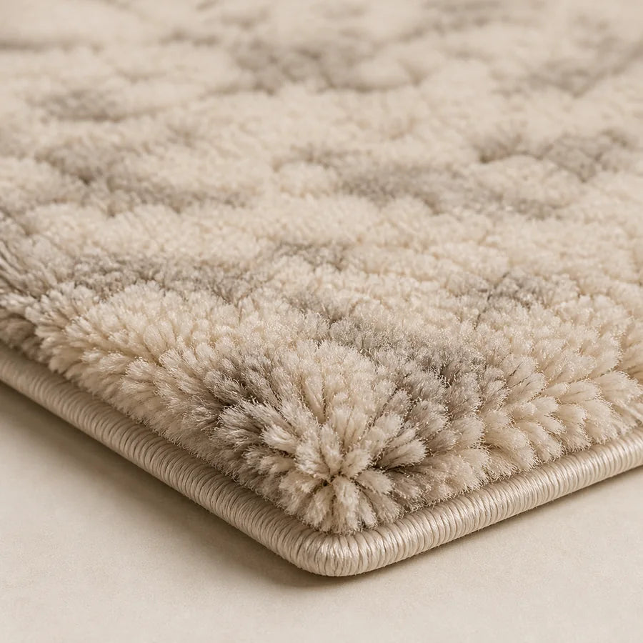 Close up of a plush rug edge with high soft pile