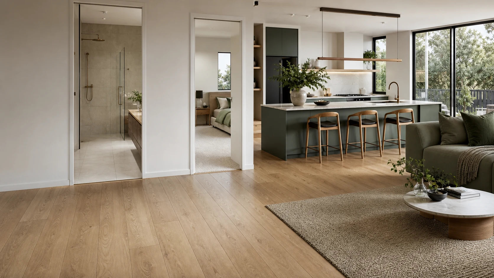 A connected home with flooring chosen across living, bedroom and wet areas