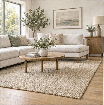 Illustration of a rug completing a timber-floored living room