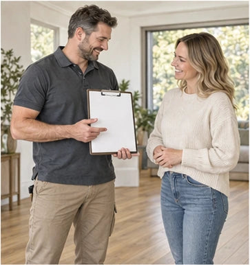 Sketch illustration of a flooring coordinator planning a job with a homeowner